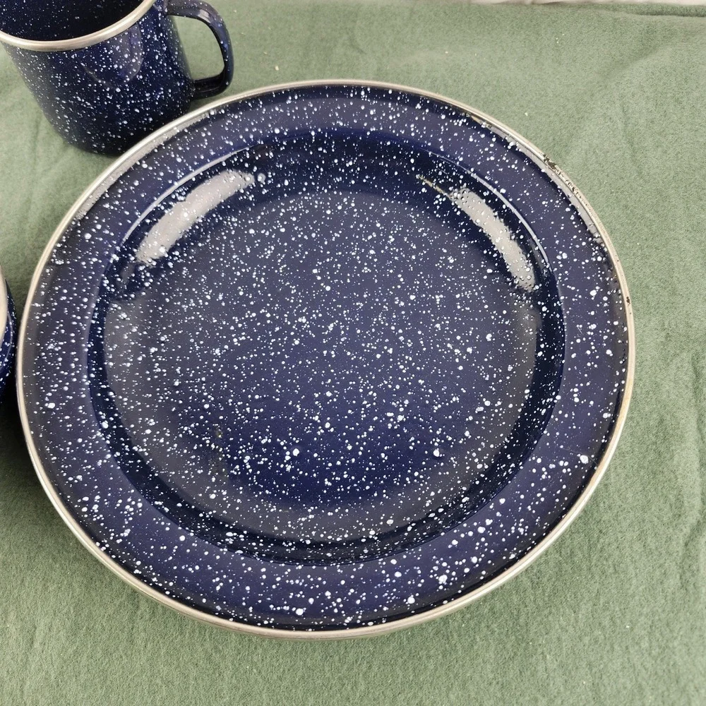 Vtg Dinnerware Set Includes 1 Cup 1 Bowl 1 Plate Enamelware Blue Camping Coleman